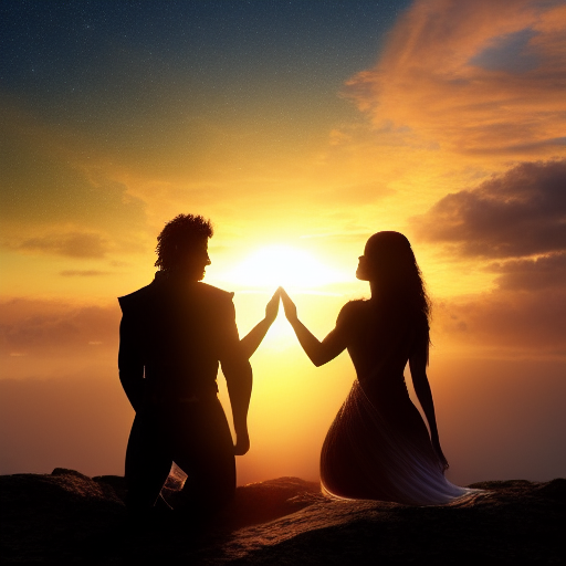 Lancelot and Guinevere stand atop a cliff overlooking a breathtaking sunset, their clasped hands raised high in a gesture of unwavering devotion, as if proclaiming their bond to the universe itself, their souls radiating with determination and unyielding love.